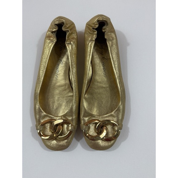 Juicy Couture Gold Leather Ballet Flats Chain Accent Made in Italy Women's 7.5 - Picture 2 of 7